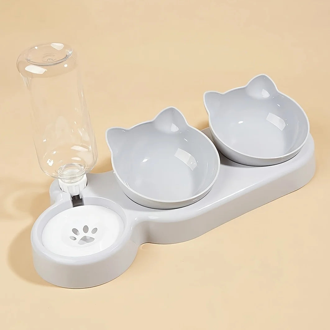 1 cuenco para mascotas con comedero de agua, 3 en 1, con diseño de orejas, inclinable, con botella de agua por gravedad para proteger el cuello.