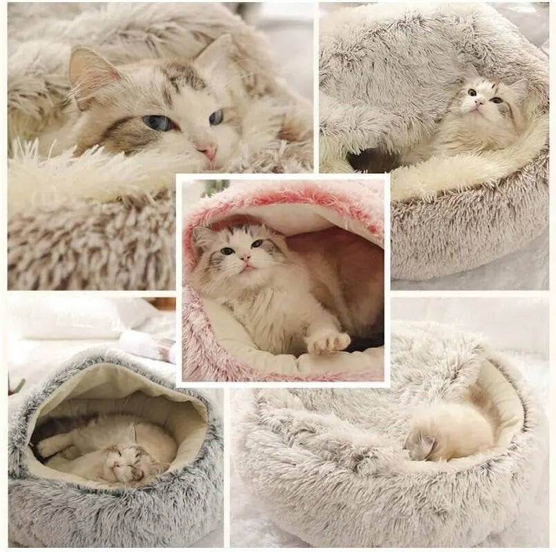 Soft Plush Pet Bed Round Semi Closed Cat Bed Shell Type Pet Mattress Warm Cat Dog 2 in 1 Sleeping Nest Cave for Small Dogs