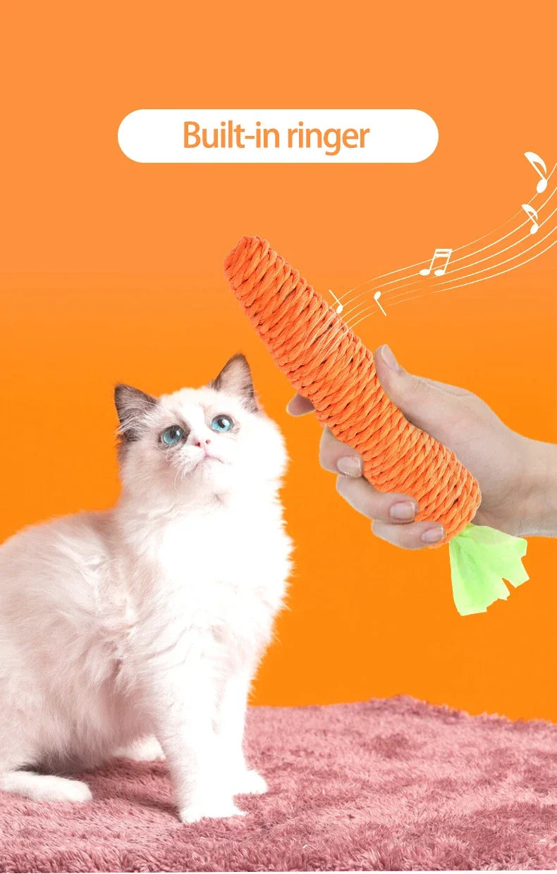 Juguete para gatos con sonido de zanahoria, resistente a mordeduras, cuerda de papel, rascador, dientes limpios, juego interactivo, juguete masticable de zanahoria para gatos.