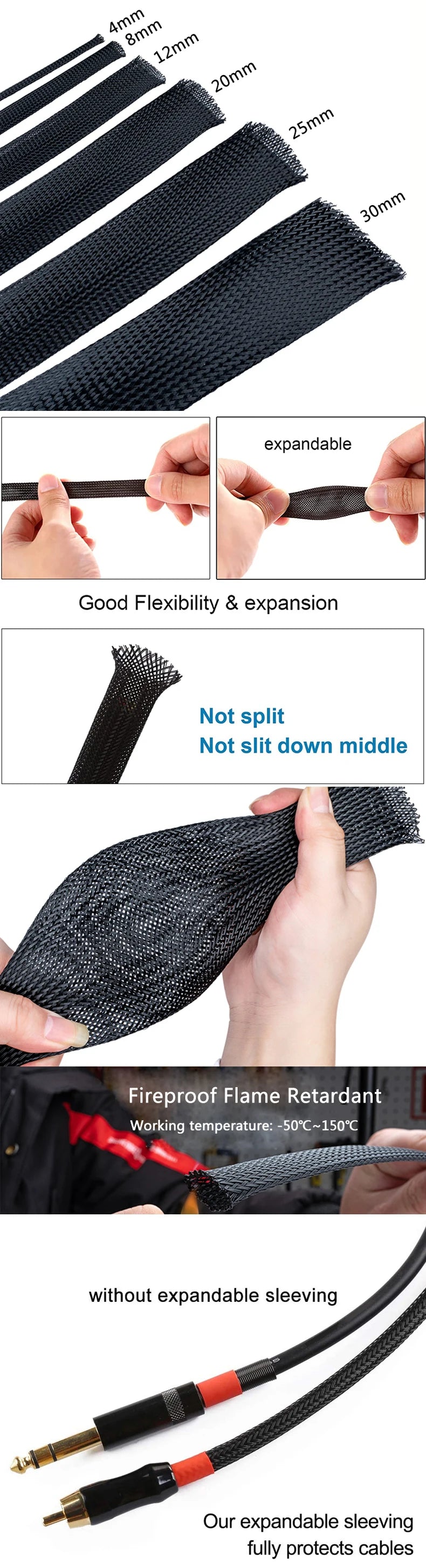 10M Black Insulated Braid Sleeving 4 - 30mm Tight PET Wire Cable Gland Protection Cable Sleeve Flame-Retardant Nylon Tube
