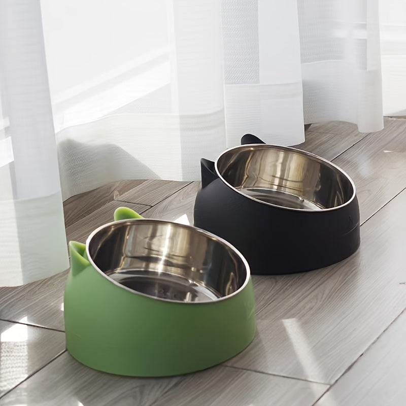 Cat Bowl, 15 Degrees Raised Stainless Steel Cat Feeder Bowl With Non Slip Base, 3.38oz Cat Food Water Feeder Tilted Pet Bowl For Neck Protection