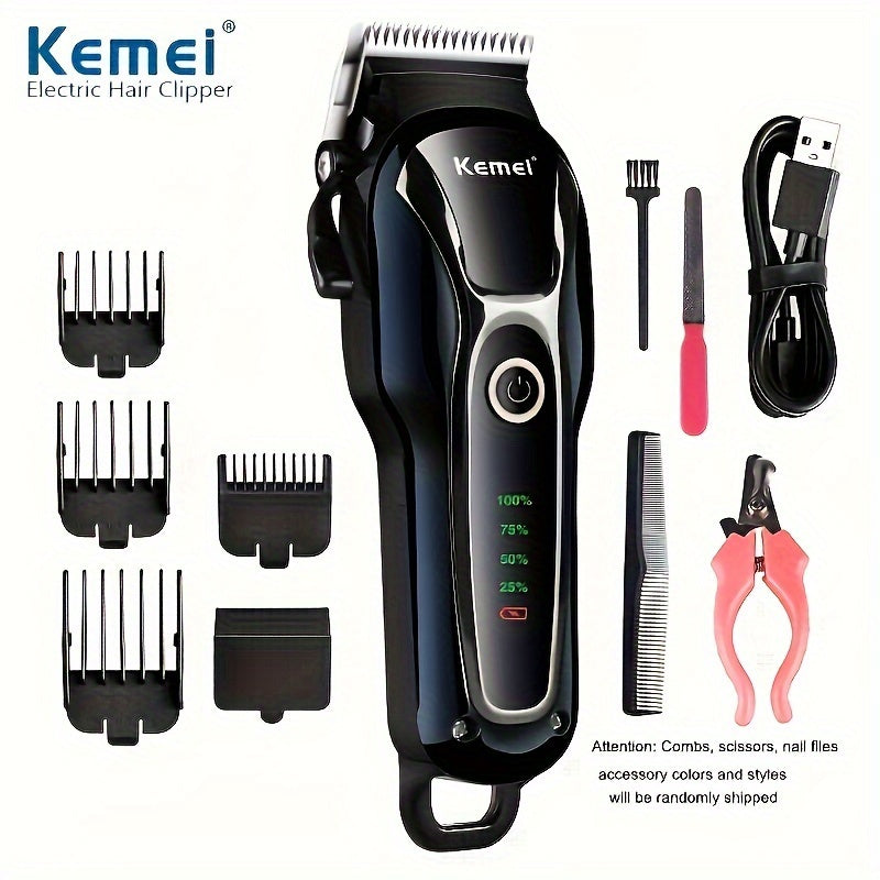 Kemei Pet Hair Clipper for Dogs & Cats - Quiet 5W Motor, USB Rechargeable, LCD Display, 10 Detachable Combs, Nail File, Accessory Colors Vary