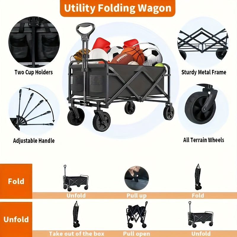 1pc Heavy-Duty Collapsible Foldable Utility Wagon Cart with All-Terrain Wheels, 30" Large Capacity RV/Garden/Beach Cart, 450 Capacity (Weight-Limit Equivalent), Lightweight Metal Frame for Camping, Groceries, Furniture & Pets