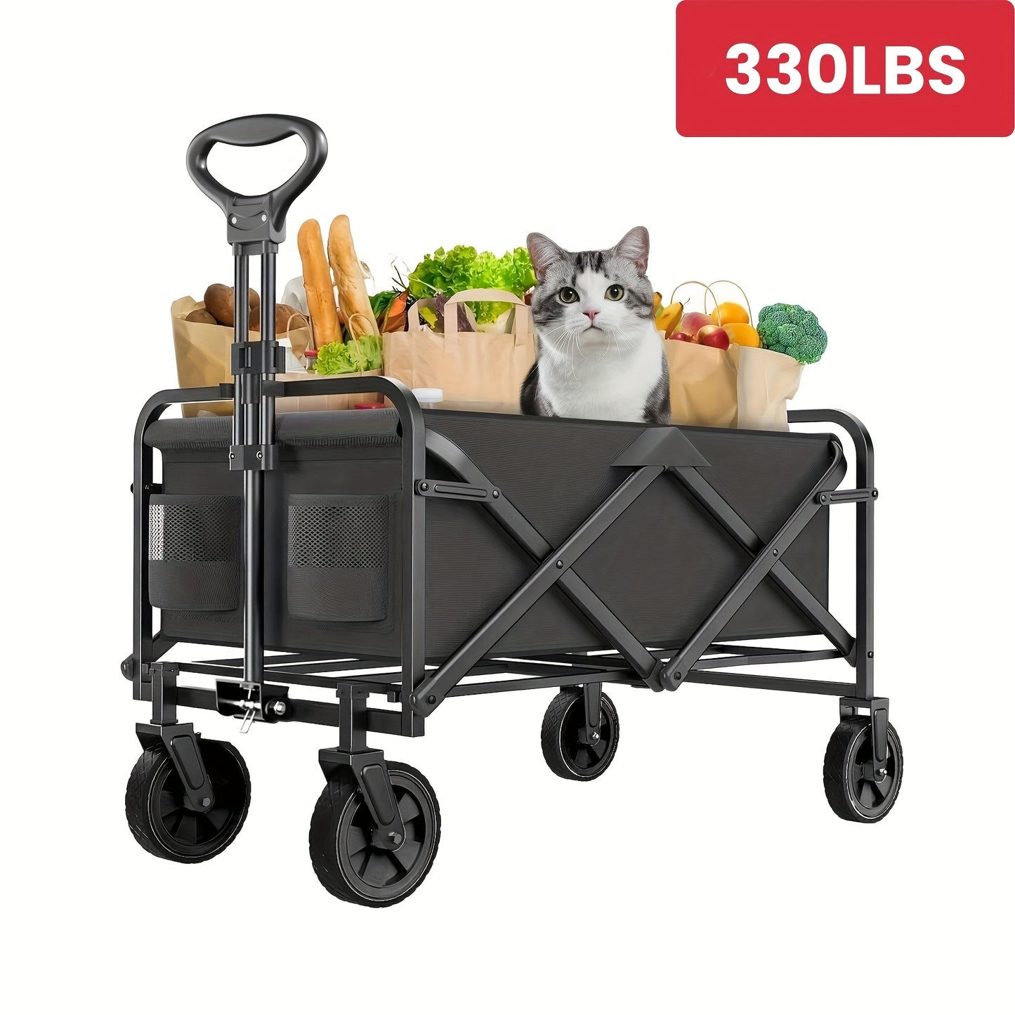 1pc Heavy-Duty Collapsible Foldable Utility Wagon Cart with All-Terrain Wheels, 30" Large Capacity RV/Garden/Beach Cart, 450 Capacity (Weight-Limit Equivalent), Lightweight Metal Frame for Camping, Groceries, Furniture & Pets