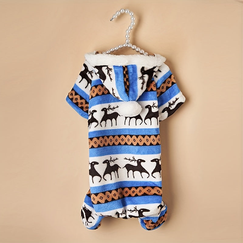 1pc Pet Christmas Reindeer Graphic Pajamas Hooded Jumpsuit For Puppy, Toy And Small Dog for stocking stuffers