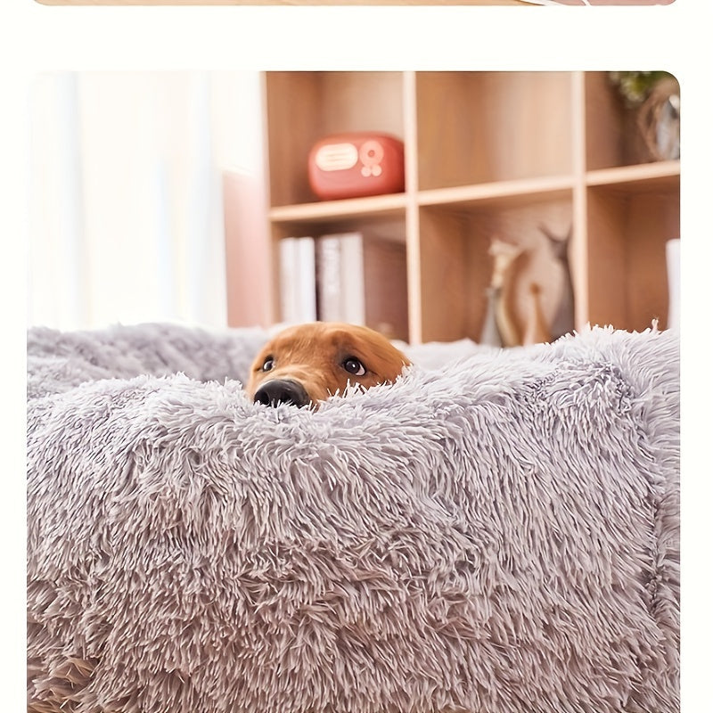 1pc Extra-Large Long Plush Dog Bed - Cozy Round Sleeping Nest for Pets - Luxury Sofa Cushion with Calming Effect - Machine-Washable