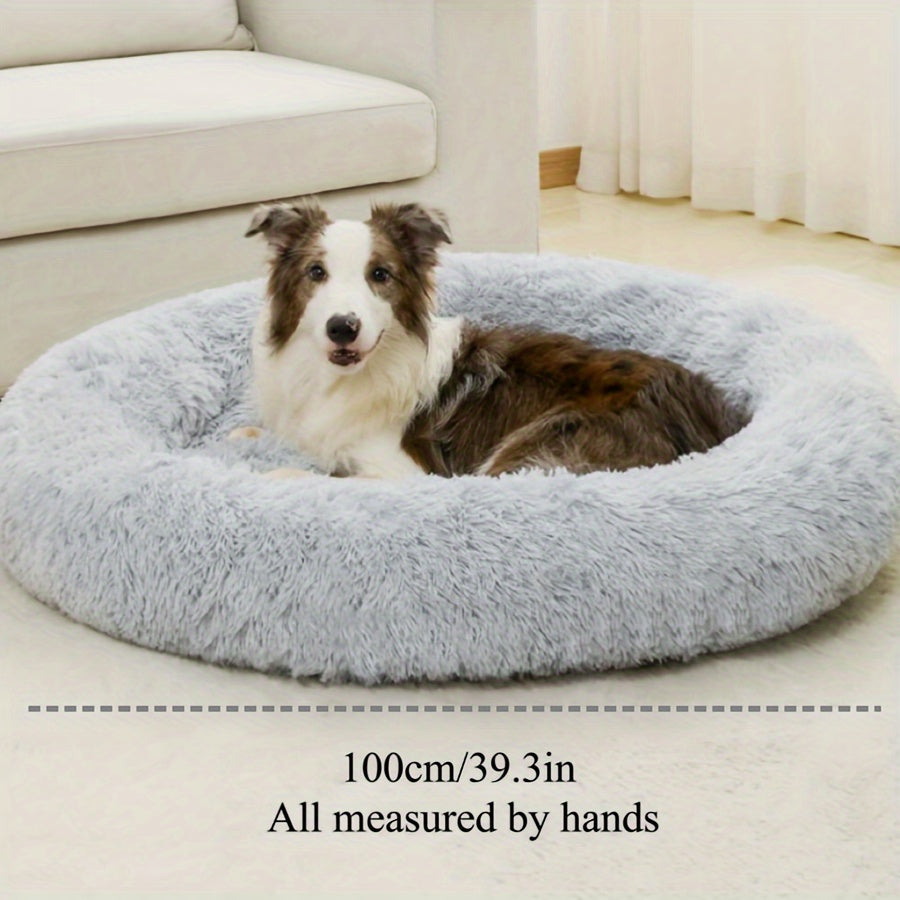 1pc Extra-Large Long Plush Dog Bed - Cozy Round Sleeping Nest for Pets - Luxury Sofa Cushion with Calming Effect - Machine-Washable