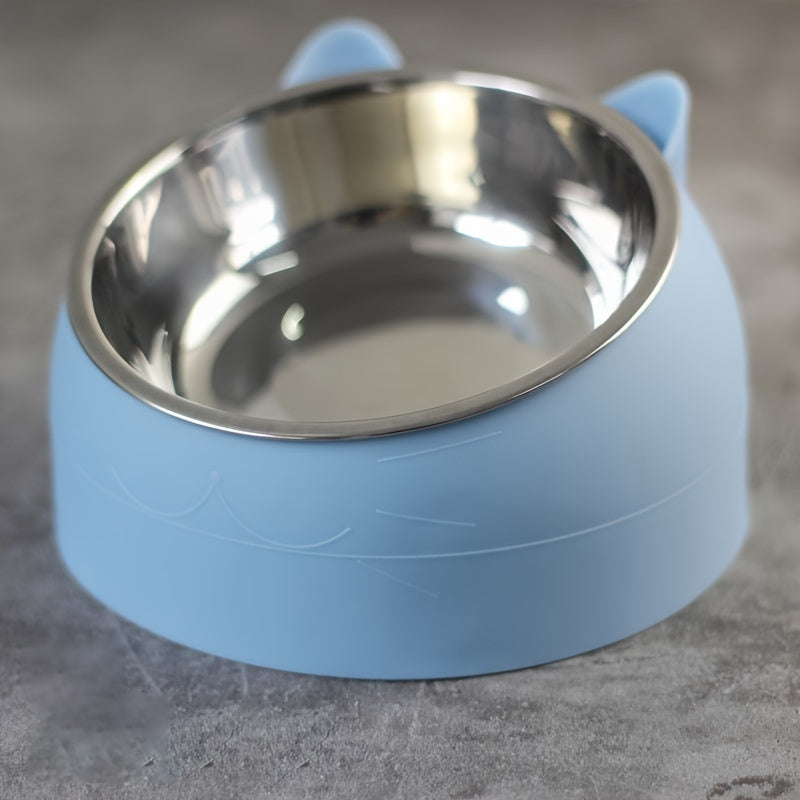 Cat Bowl, 15 Degrees Raised Stainless Steel Cat Feeder Bowl With Non Slip Base, 3.38oz Cat Food Water Feeder Tilted Pet Bowl For Neck Protection