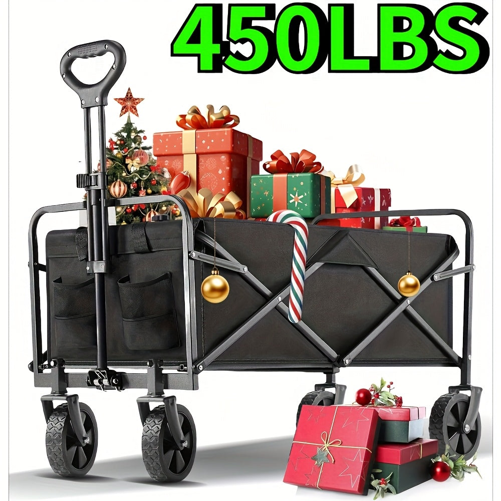 1pc Heavy-Duty Collapsible Foldable Utility Wagon Cart with All-Terrain Wheels, 30" Large Capacity RV/Garden/Beach Cart, 450 Capacity (Weight-Limit Equivalent), Lightweight Metal Frame for Camping, Groceries, Furniture & Pets