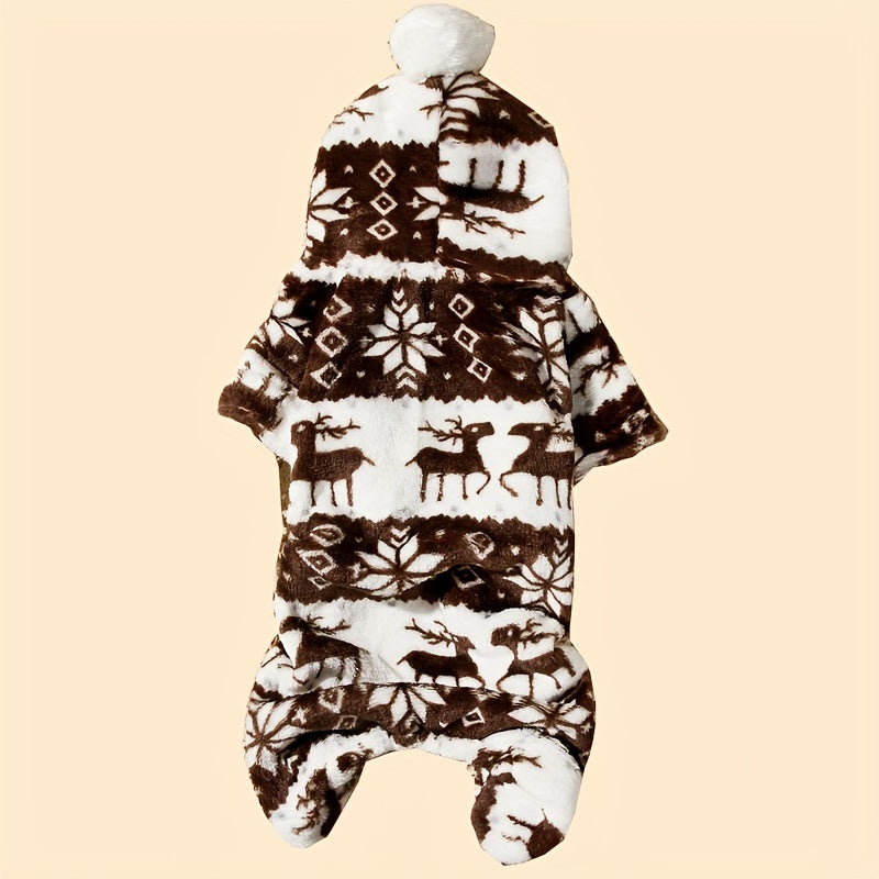 1pc Pet Christmas Reindeer Graphic Pajamas Hooded Jumpsuit For Puppy, Toy And Small Dog for stocking stuffers