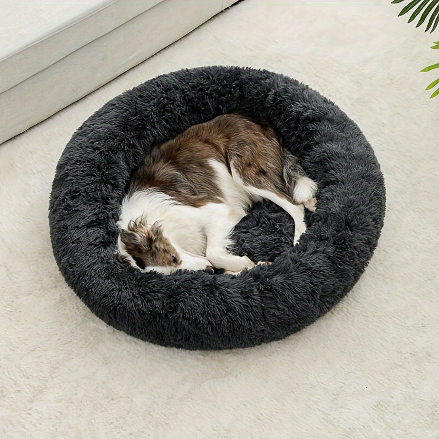 1pc Extra-Large Long Plush Dog Bed - Cozy Round Sleeping Nest for Pets - Luxury Sofa Cushion with Calming Effect - Machine-Washable