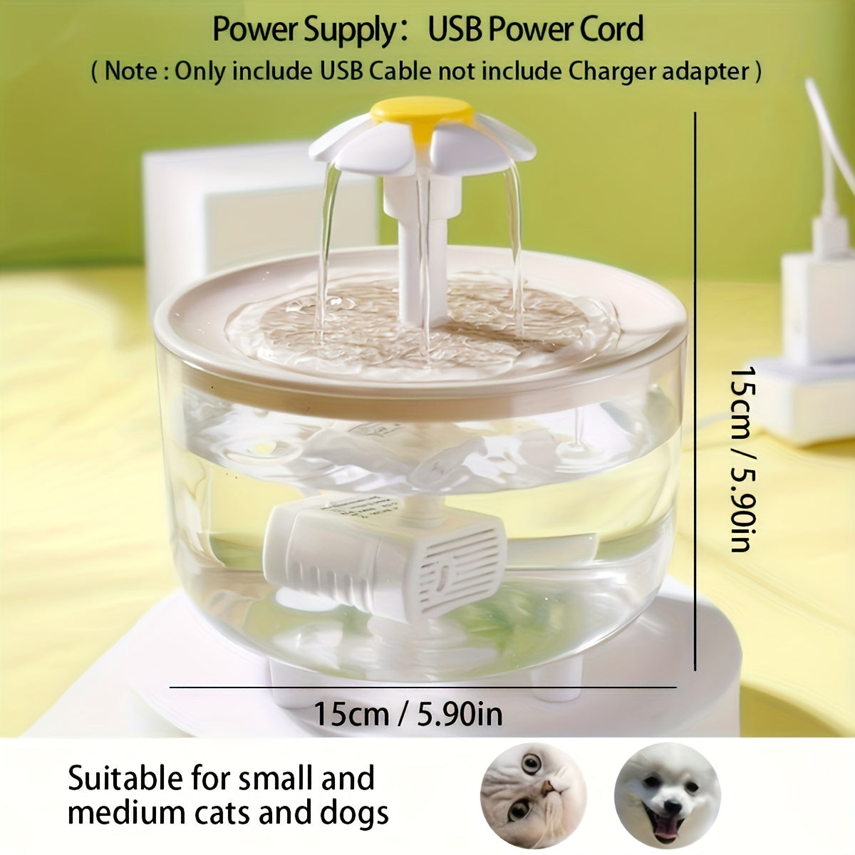Ultra-Quiet 50.72 Oz Clear Pet Drinking Fountain, with 1 Water Pumb- USB Powered, Easy to Clean, BPA Free, Suitable for Cats And Small Pets, Without Battery