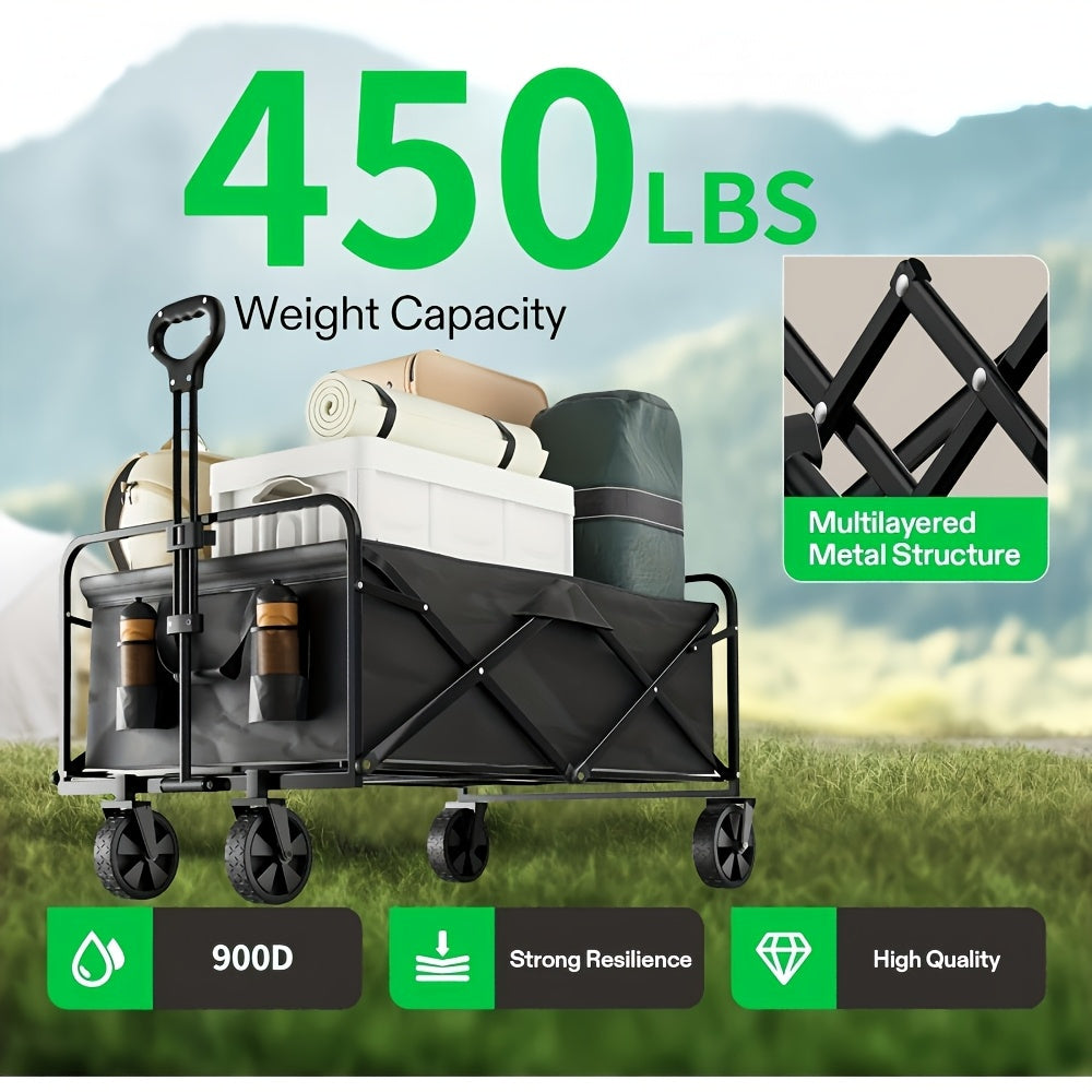 1pc Heavy-Duty Collapsible Foldable Utility Wagon Cart with All-Terrain Wheels, 30" Large Capacity RV/Garden/Beach Cart, 450 Capacity (Weight-Limit Equivalent), Lightweight Metal Frame for Camping, Groceries, Furniture & Pets