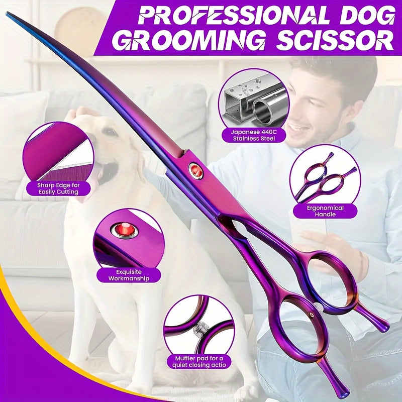 1pc Curved Shear For Dogs, Purple Titanium Plating Pet Grooming Scissors With Ergonomic Handle, Stainless Steel Hair Scissor For Dogs, Cats And Other Pets