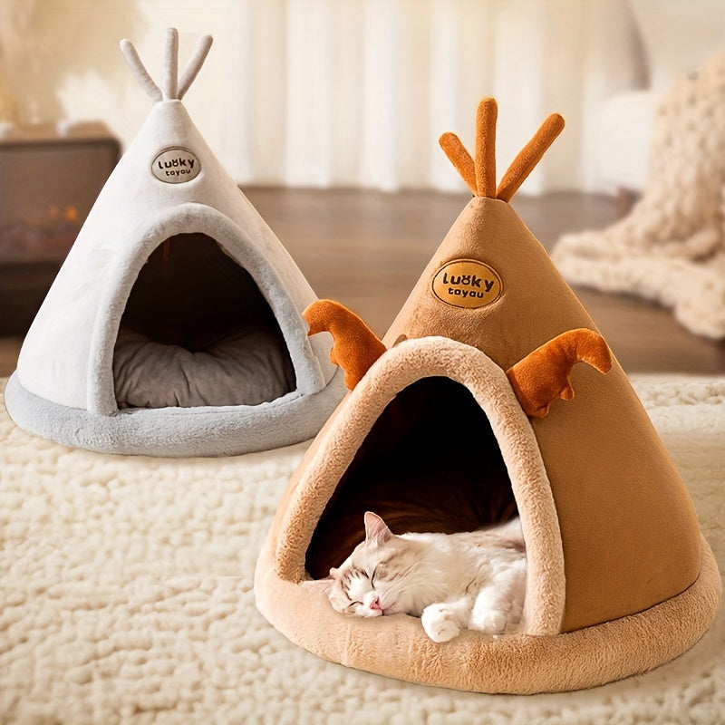 1pc Cartoon Reindeer-Shaped Pet Tent, Polyester Fiber Dog & Cat House, Cozy Mongolian Yurt Style Bed for Extra Small to Small Breeds, Easy Assembly