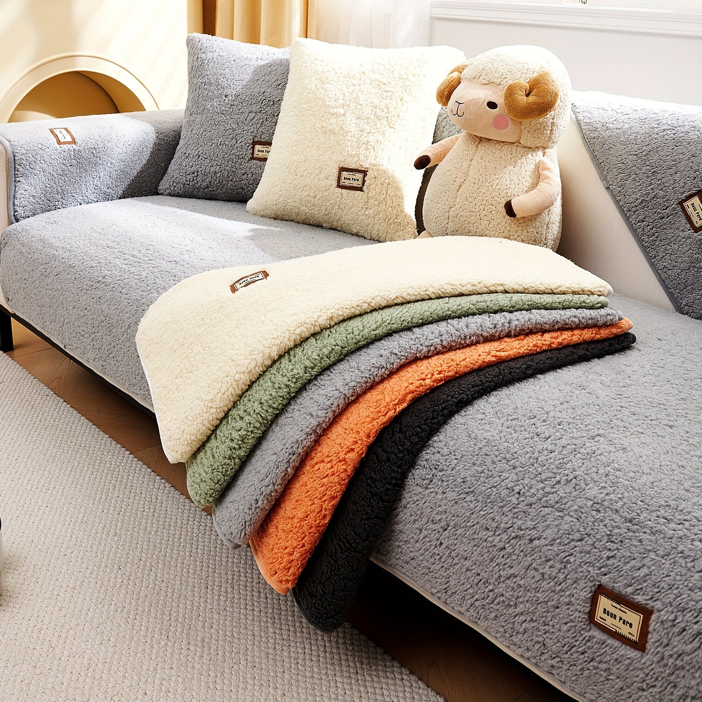 1pc Plush Sherpa Sofa Cover - Soft, Fuzzy, Non-Slip, Pet-Friendly, Thickened Furniture Protector for Bedroom, Office, Living Room Home Decor - Easy to Clean, Durable, Stain-Resistant, Machine Washable