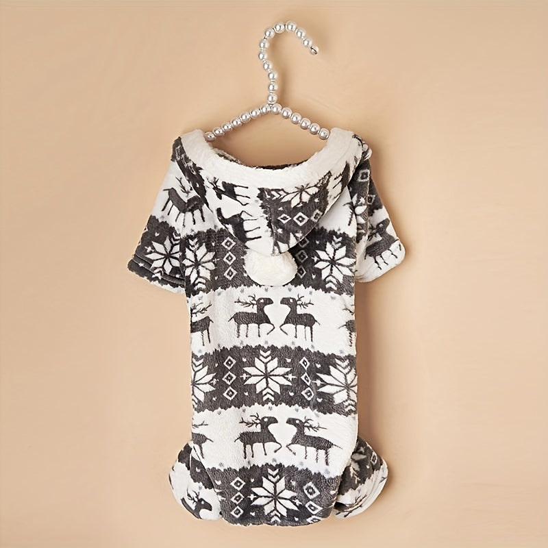 1pc Pet Christmas Reindeer Graphic Pajamas Hooded Jumpsuit For Puppy, Toy And Small Dog for stocking stuffers