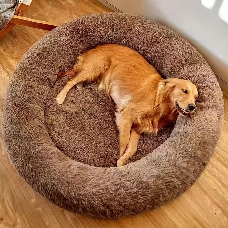 1pc Extra-Large Long Plush Dog Bed - Cozy Round Sleeping Nest for Pets - Luxury Sofa Cushion with Calming Effect - Machine-Washable