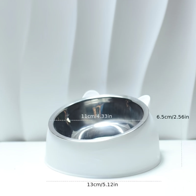 Cat Bowl, 15 Degrees Raised Stainless Steel Cat Feeder Bowl With Non Slip Base, 3.38oz Cat Food Water Feeder Tilted Pet Bowl For Neck Protection