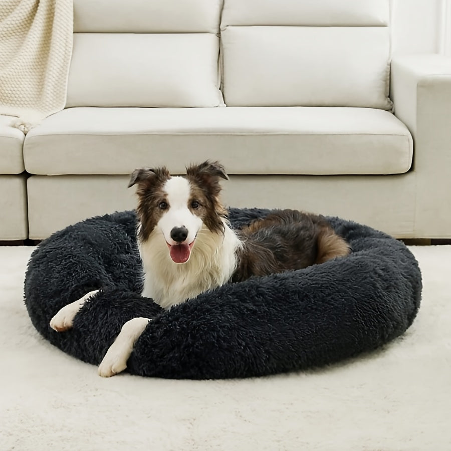 1pc Extra-Large Long Plush Dog Bed - Cozy Round Sleeping Nest for Pets - Luxury Sofa Cushion with Calming Effect - Machine-Washable