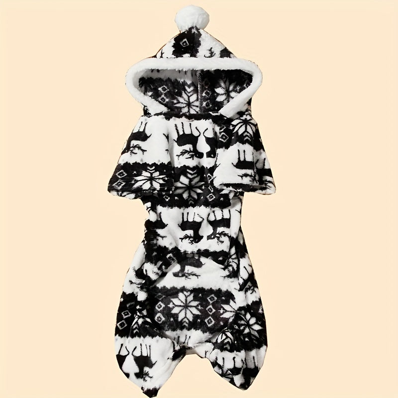 1pc Pet Christmas Reindeer Graphic Pajamas Hooded Jumpsuit For Puppy, Toy And Small Dog for stocking stuffers