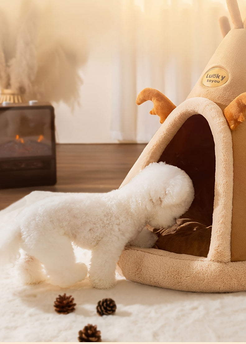 1pc Cartoon Reindeer-Shaped Pet Tent, Polyester Fiber Dog & Cat House, Cozy Mongolian Yurt Style Bed for Extra Small to Small Breeds, Easy Assembly