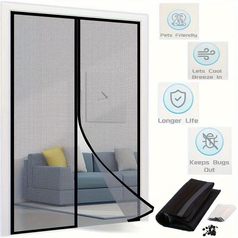 1pc Heavy-Duty Magnetic Screen Door With Full Frame Hook & Loop, Durable Polyester Mesh Curtain For Fresh Air Circulation, Easy Entry For Pets, Kid Friendly, Bug & Insect Proof, Fits Doors Up To 38x82 Inches
