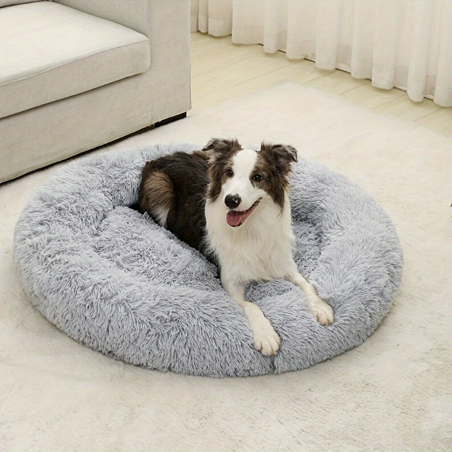 1pc Extra-Large Long Plush Dog Bed - Cozy Round Sleeping Nest for Pets - Luxury Sofa Cushion with Calming Effect - Machine-Washable