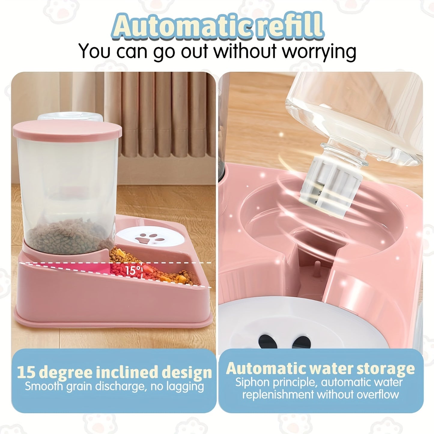 Automatic Cat Feeder Water Dispenser Set, 2 In 1 Tilted Automatic Pet Food And Water Feeder Gravity Food Feeder And Waterer For Indoor Cats