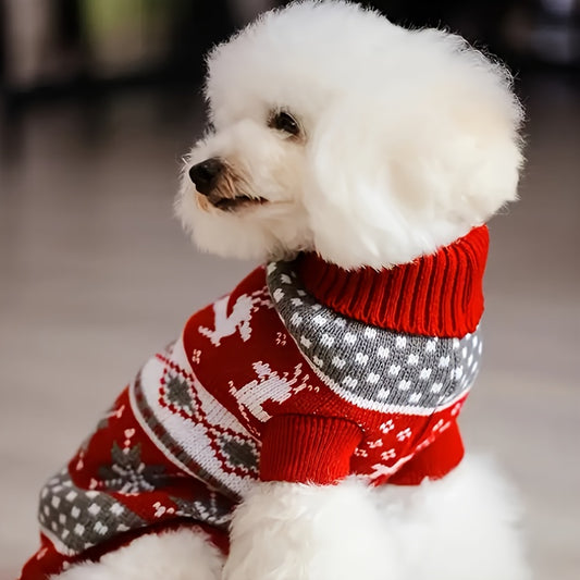 1pc Reindeer Snowflake Christmas Dog Sweater - Soft, Warm, Cozy Acrylic Pullover for Small Breed Pets - Machine Washable, All-Season Comfort, And Easy Care for Winter Knitwear