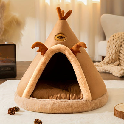 1pc Cartoon Reindeer-Shaped Pet Tent, Polyester Fiber Dog & Cat House, Cozy Mongolian Yurt Style Bed for Extra Small to Small Breeds, Easy Assembly