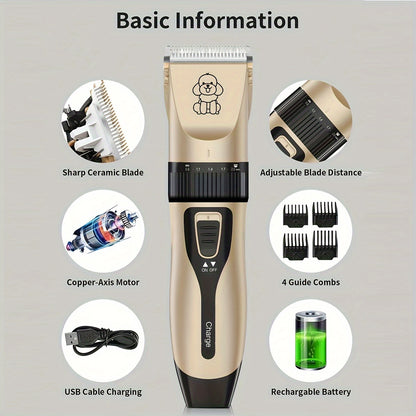 Rechargeable Low-Noise Cordless Electric Pet Clipper for Grooming Dogs and Cats, Suitable for Various Sizes and Lengths of Pet Hair, Professional Pet Salon Use