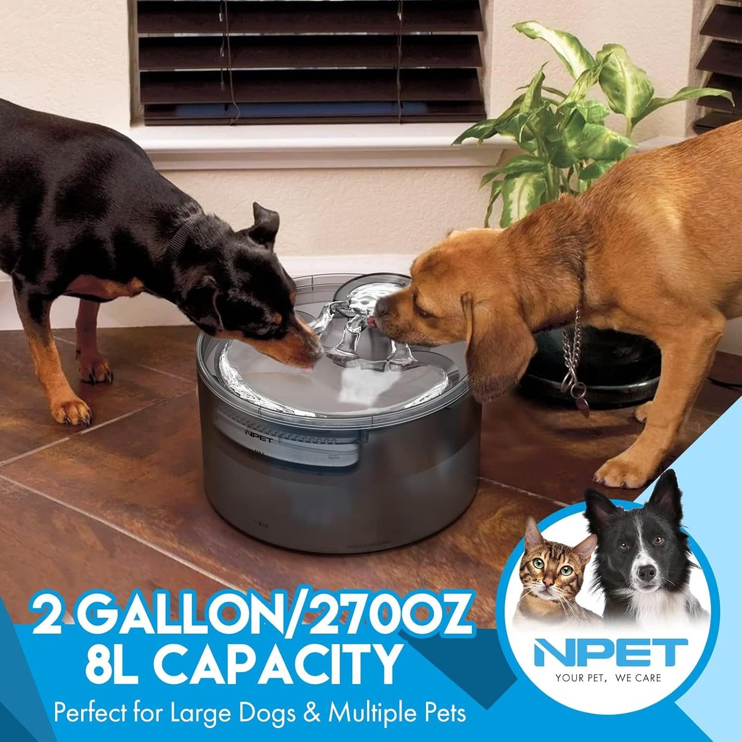 [NPET | Automatic] NPET 2 Gallon/270oz/8L Large Automatic Dog Water Fountain, DF30 Dog Water Bowl Dispenser | Pet Water Fountain with Splatter Guard, Cleaning Kit for Large Dogs & Multiple Pets, Without Battery