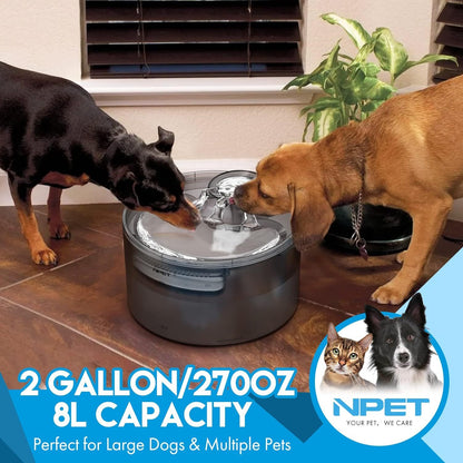 [NPET | Automatic] NPET 2 Gallon/270oz/8L Large Automatic Dog Water Fountain, DF30 Dog Water Bowl Dispenser | Pet Water Fountain with Splatter Guard, Cleaning Kit for Large Dogs & Multiple Pets, Without Battery