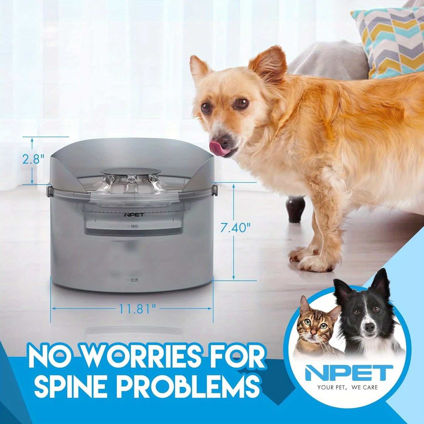 [NPET | Automatic] NPET 2 Gallon/270oz/8L Large Automatic Dog Water Fountain, DF30 Dog Water Bowl Dispenser | Pet Water Fountain with Splatter Guard, Cleaning Kit for Large Dogs & Multiple Pets, Without Battery