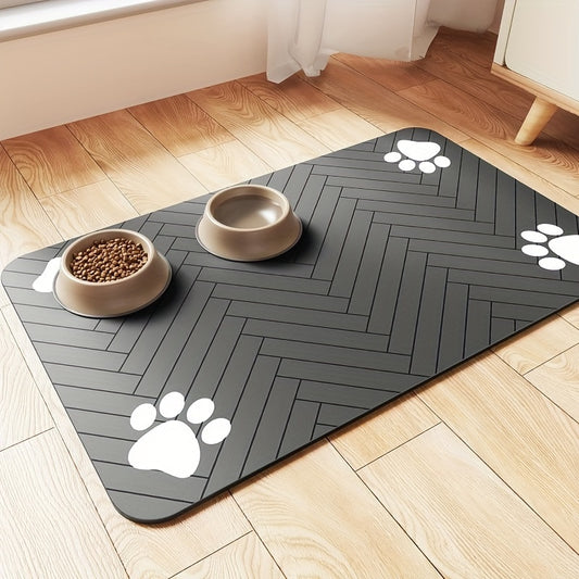[1pc Fast-Drying Pet Feeding Mat] 1pc Fast-Drying Diatomaceous Earth Pet Feeding Mat | Splash-Proof, Absorbent, Easy to Clean for Dogs and Cats, Herringbone Pattern with Paw Print Design, Black, Washable