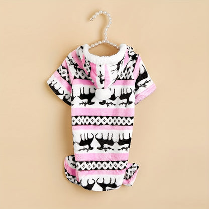 1pc Pet Christmas Reindeer Graphic Pajamas Hooded Jumpsuit For Puppy, Toy And Small Dog for stocking stuffers