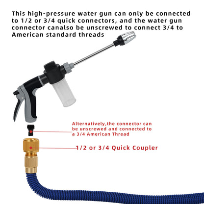 1pc Portable High-Pressure Hose Spray Gun with 3/4" and 1/2" Quick Connect Adapters, Adjustable Thick Rod Spray, Multi-Functional Garden Hose Nozzle for Car Washing and Pet Cleaning, Pet Washing Hose | Adjustable Spray Patter