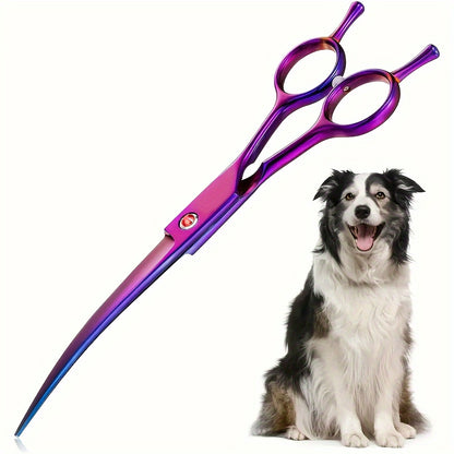 1pc Curved Shear For Dogs, Purple Titanium Plating Pet Grooming Scissors With Ergonomic Handle, Stainless Steel Hair Scissor For Dogs, Cats And Other Pets