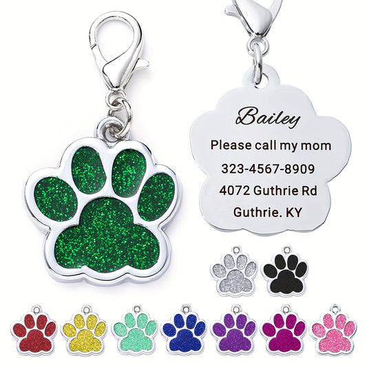 [Custom Dog Tag] Custom Engraved Dog ID Tag | Personalized Dog Tag For Pets, Glitter Paw Print Collar Tags For Dogs