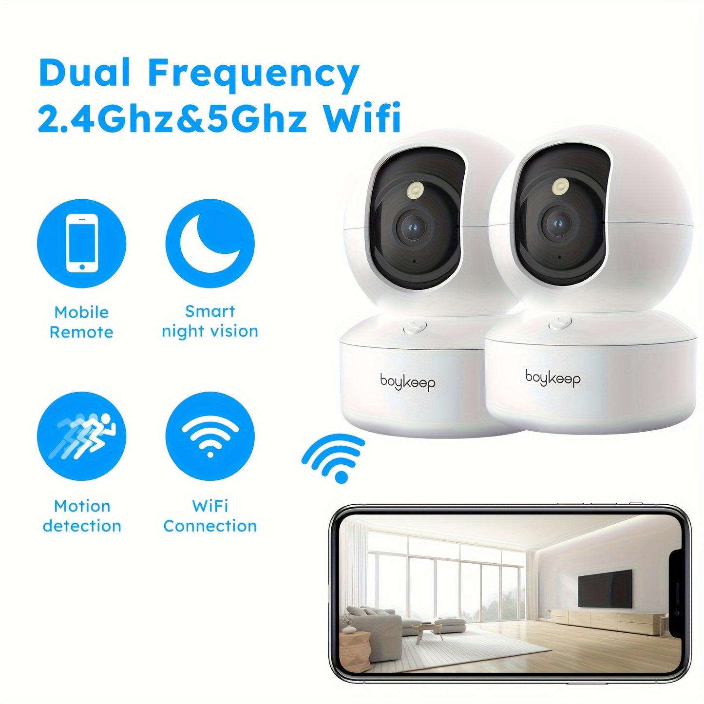 [BoyKeep WiFi Smart Camera] BoyKeep 5g/2.4ghz WiFi Smart Camera, 2K High-definition Indoor Safety Monitor with 360° Panoramic Surveillance, Night Vision, Two-way Calls, SD Card and Cloud Storage, Christmas Gifts for Pets, Ze