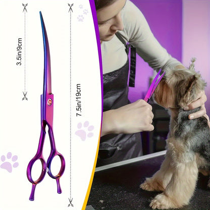1pc Curved Shear For Dogs, Purple Titanium Plating Pet Grooming Scissors With Ergonomic Handle, Stainless Steel Hair Scissor For Dogs, Cats And Other Pets