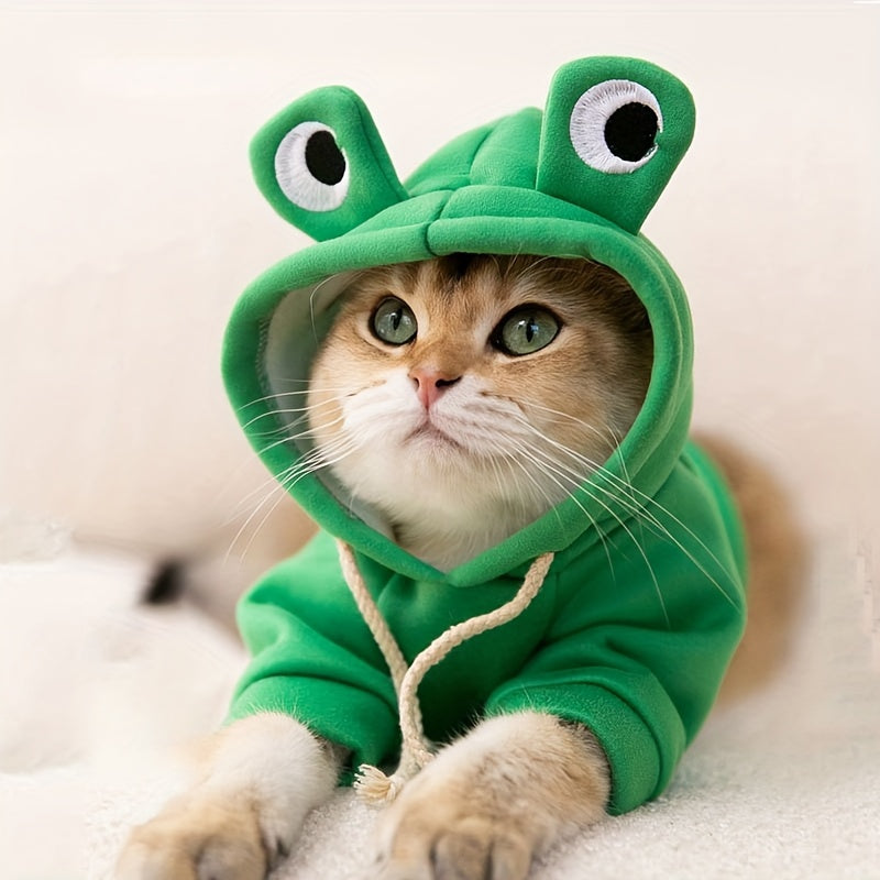 [Small Cozy Frog Hoodie] Adorable Frog-Themed Pet Hoodie - Cozy Knit Sweatshirt for Small to Extra-Small Cats, Perfect for All Seasons, Transformation, Hoodie