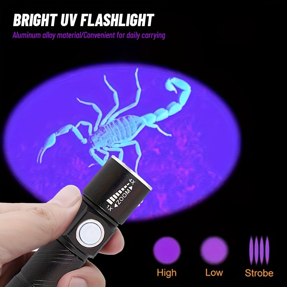 1pc Rechargeable Zoomable UV Flashlight Black Light 395nm,Ultraviolet Flashlight Detector For Pet Urine Stain,Resin Curing,Scorpion Hunting