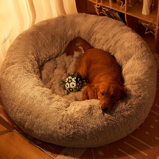 1pc Extra-Large Long Plush Dog Bed - Cozy Round Sleeping Nest for Pets - Luxury Sofa Cushion with Calming Effect - Machine-Washable