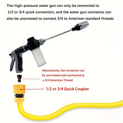 [1pc High-Pressure Car Washing Gun] 1pc Portable High-Pressure Car Washing Water Gun, 3/4 Inch And 1/2 Inch Quick Connection Adapter, Multi-Function Garden Hose Nozzle, Adjustable Thickening Rod Spray, Suitable for Car Cleani