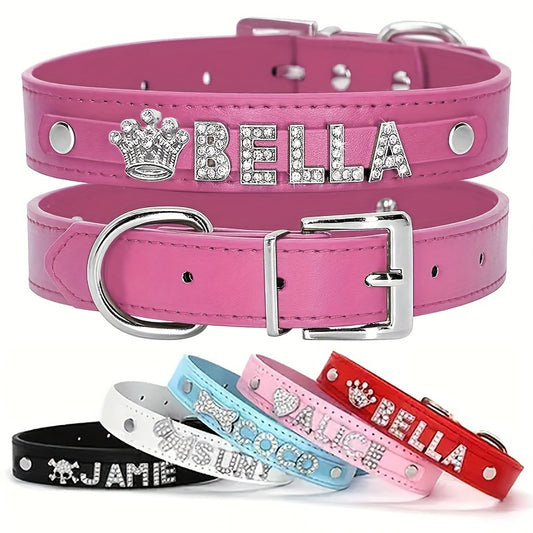 Personalized PU Leather Dog & Cat Collar with Sparkling Rhinestone ID Tag - Custom Name "Bella" or "Jamie" & Heart/Paw Print Design, Adjustable Fit for Small to Large Pets, Perfect Gift for Your Furry Friend