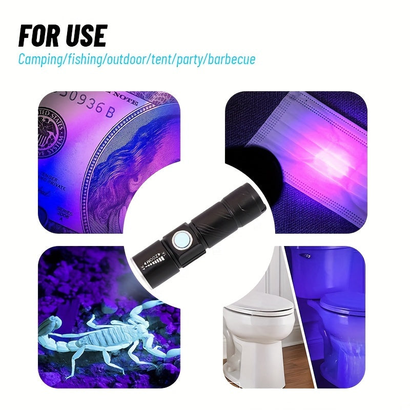 1pc Rechargeable Zoomable UV Flashlight Black Light 395nm,Ultraviolet Flashlight Detector For Pet Urine Stain,Resin Curing,Scorpion Hunting
