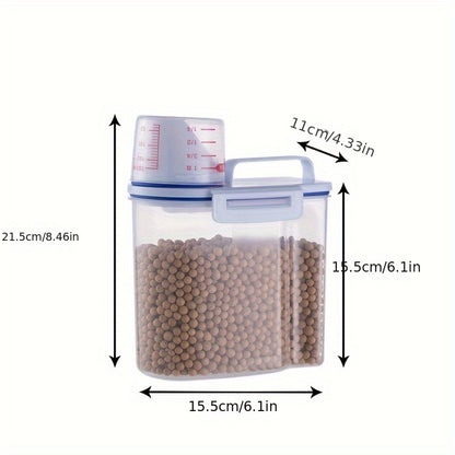 1.5kg/2kg Large Capacity Pet Food Storage Container - Airtight, Moisture-Proof, and Pest-Controlled Plastic Bucket with Measuring Cup, Handle, and Scoop Design for Easy Food Management and Freshness Preservation