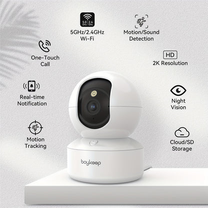 [BoyKeep WiFi Smart Camera] BoyKeep 5g/2.4ghz WiFi Smart Camera, 2K High-definition Indoor Safety Monitor with 360° Panoramic Surveillance, Night Vision, Two-way Calls, SD Card and Cloud Storage, Christmas Gifts for Pets, Ze